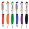 A collection of six metal pens in red, orange, green, blue, purple, and black with silver accents and a logo.