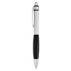 A metal pen with a silver barrel, a black grip, and a clip. It features a branding logo.