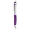 A silver metal pen with a purple grip and clip, featuring a logo on the barrel.