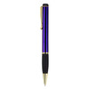 A metal pen with a purple barrel and gold accents, featuring a black rubber grip and a clip.
