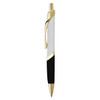 A metal pen in white and black with gold accents, featuring a clip and a sleek design.
