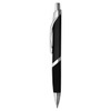 A sleek black metal pen with silver accents and a logo. Ideal for professional settings.