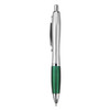 A metal pen with a silver body and a green grip, featuring a clip and a logo.
