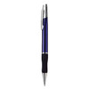 A metal pen in a deep blue colour with a silver clip and black rubber grip. Features a logo on the body.
