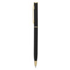 A metal pen in black with gold accents, featuring a sleek design and a branded logo.