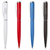 A set of four metal pens in white, red, blue, and black, featuring a logo.
