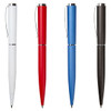 Four metal pens in white, red, blue, and black, featuring a silver clip and detailing. Each pen has a sleek design.