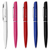 A set of five metal pens in white, pink, red, blue, and black, featuring a branding logo.