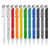 A selection of metal pens in white, red, orange, yellow, green, blue, dark blue, and black, featuring chrome accents.