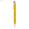 A yellow rubberised metal pen with a silver clip and detailing, featuring a branded logo.