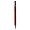 A metal pen in red featuring a chrome clip and accents, with a logo on the body.