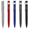 A set of five metal pens in silver, red, blue, dark grey, and black, each featuring a logo.