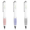 A set of three metal pens with white bodies and coloured grips in red, blue, and black. Each pen features a logo.