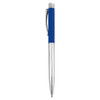 A metal pen featuring a blue grip and silver accents, with a logo on its body.