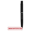 A black metal pen with a sleek design and a clip, featuring a logo on the barrel.
