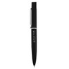 A black metal pen with a sleek design and a clip, featuring a logo on the barrel.