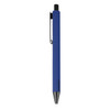 A blue metal pen with a black clip and tip, featuring a logo on the barrel.