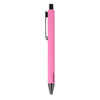 A pink metal pen with a black clip and tip, featuring a simple design and a branding logo.
