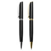 A pair of black metal pens, one with a silver clip and the other with a gold clip, featuring sleek designs.