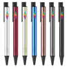 A collection of seven metal pens in silver, red, gold, blue, rose gold, black, and grey, featuring a logo on each pen.