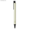 A metal pen in champagne gold with a black tip and clip, featuring a sleek design. Includes branding on the barrel.