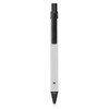 A metal pen in white with a black clip and tip, featuring a logo on the barrel.