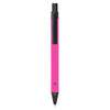 A pink metal pen with a black clip and tip, featuring a logo on its body.