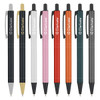 A set of eight metal pens in various colours including gold, white, pink, red, orange, teal, grey, and black, featuring a logo.