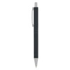 A metal pen with a sleek black body and silver accents, featuring a clip and a branding logo.