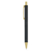 A metal pen in black with gold accents, featuring a clip and a smooth barrel design.