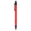 A metal pen in bright red with a black clip and two silver stripes near the base. It features a logo.