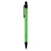 A metal pen in vibrant green with a black clip and silver accents. It features a sleek design and branding.
