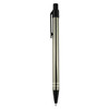 A sleek metal pen in silver and black with a clip and a logo on the body.