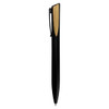 A metal pen in black with a wooden accent, featuring a clip and a sleek design. It includes a branding logo.
