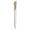 A metal pen with a white barrel and a gold accent, featuring a clip and a branding logo.