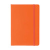 An orange A5 PU notebook with a pink elastic band closure and a smooth finish. It features a logo on the cover.