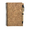 A cork notebook with a spiral binding, featuring a natural cork cover and a black pen attached.