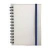 A spiral-bound notebook with a clear cover and a blue elastic band, featuring blank pages inside.