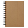 A brown spiral-bound notebook with a textured cover and a band to secure it.
