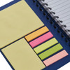 A dark blue notebook with spiral binding, featuring assorted sticky notes in yellow, pink, green, and orange.