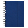 A navy blue notebook with a spiral binding and a secure cover flap. It features a logo on the front.