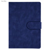 A navy blue notebook with a textured cover and a clasp closure. It features a logo on the front.