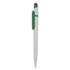 A plastic pen in white with green accents and a logo.