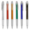 A collection of plastic pens in various colours: clear, red, orange, green, blue, and brown. Each pen features a transparent cap and grip.