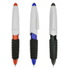 Three plastic pens with white bodies and rubber grips; one orange, one blue, and one black. Each has a logo.