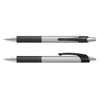 A grey pen with a coloured barrel and black grip, featuring a chrome clip and tip. The pen has a logo.
