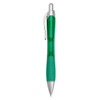 A green plastic pen with a silver clip and tip, featuring a textured grip. It has a logo on its body.