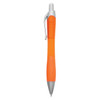 An orange plastic pen with silver accents and a textured grip, featuring a retractable ballpoint mechanism.