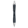 A plastic pen in black with a silver clip and silver tip, featuring a textured grip. It also has a logo.