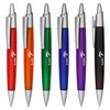 A collection of plastic pens in orange, green, blue, purple, and black, each with a silver clip and branding.